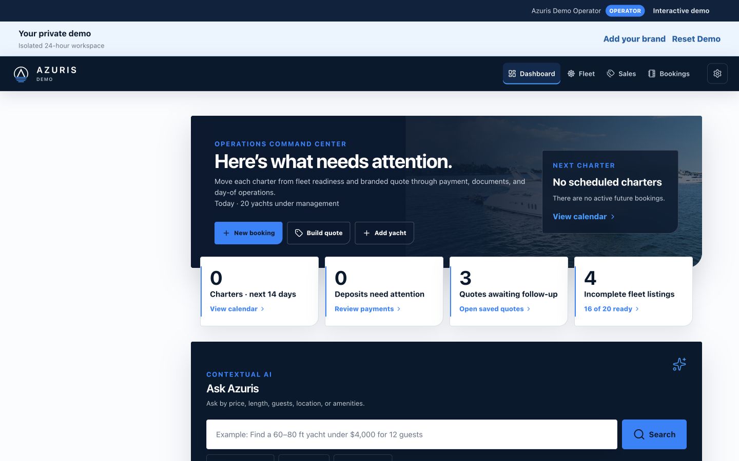 Azuris dashboard showing upcoming charters, deposits, quote follow-ups, and fleet readiness