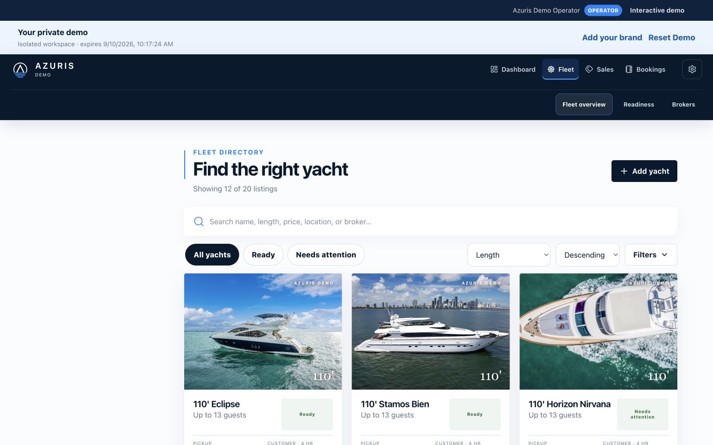 Azuris fleet directory with yacht photos, pricing, and search filters