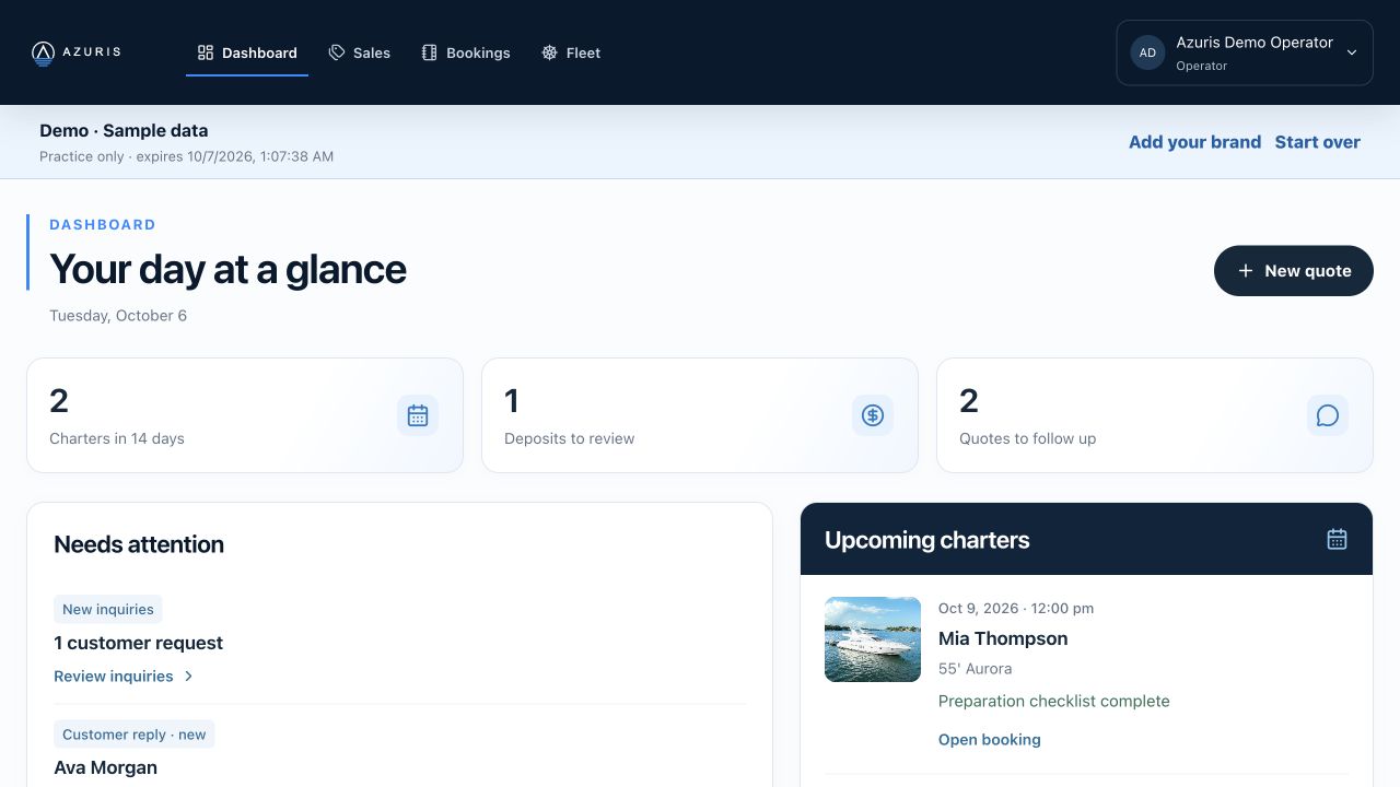 Azuris dashboard with charter priorities, deposit reviews and quote follow-ups