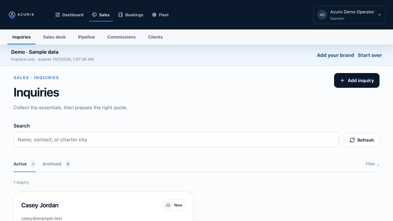 Current Azuris inquiry workspace with a sample customer request